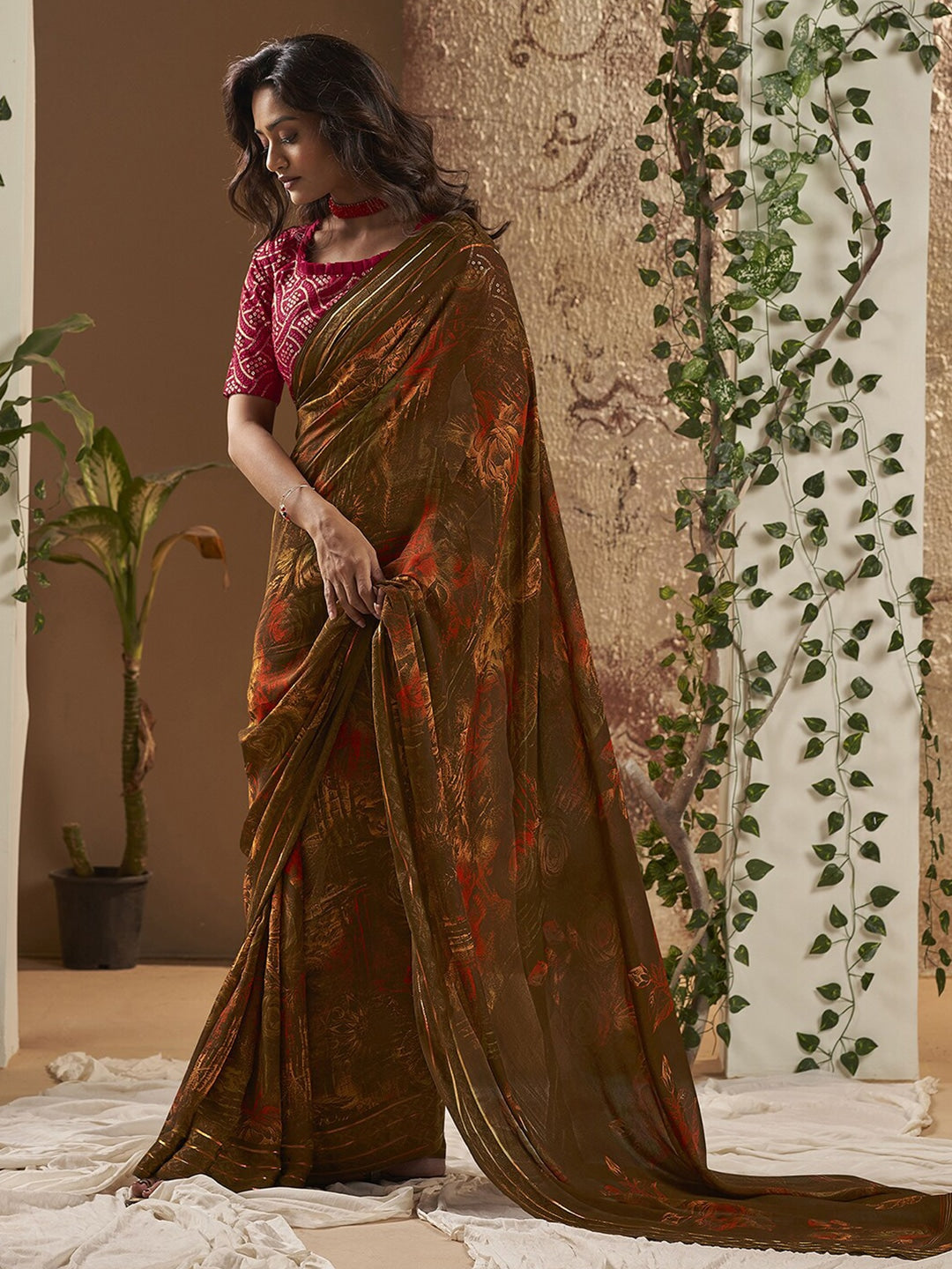 Espresso Brown Georgette Chiffon Saree With Embroidery Blouse