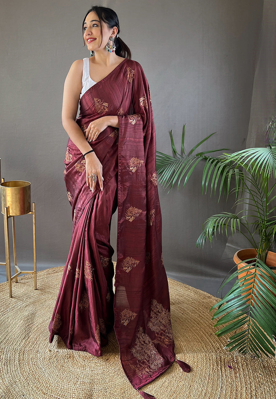 Lotus Brown Embroidered Tussar Silk Saree