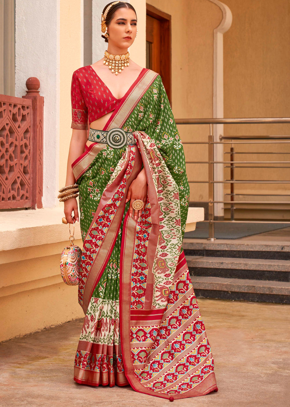 Fern Frond Green and Red Printed Patola Soft Silk Saree