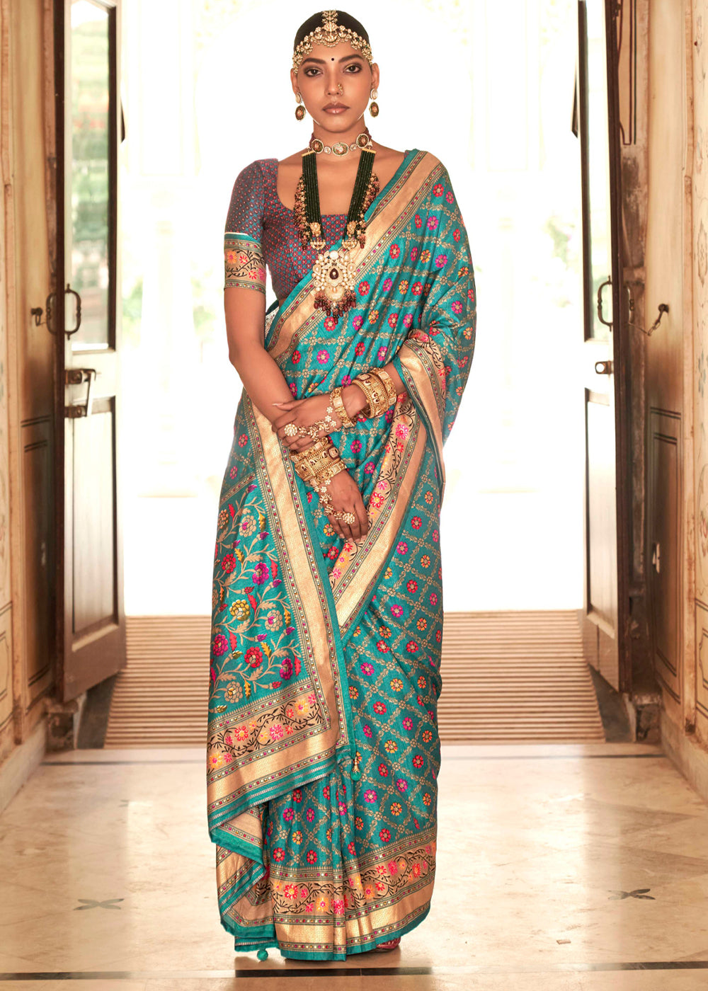 Fountain Blue Printed Soft Silk Saree