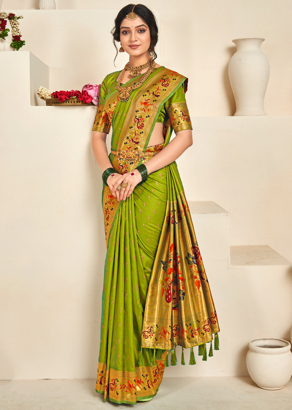 Alpine Green Woven Paithani Silk Saree