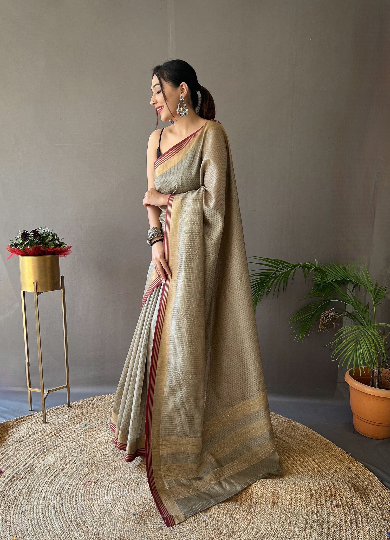 Arrowtown Brown Organza Woven Saree