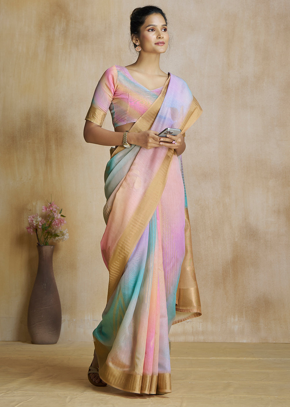 Japonica Orange and Pink Tissue Woven Soft Silk Saree