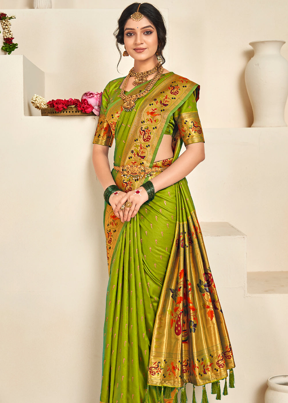 Alpine Green Woven Paithani Silk Saree