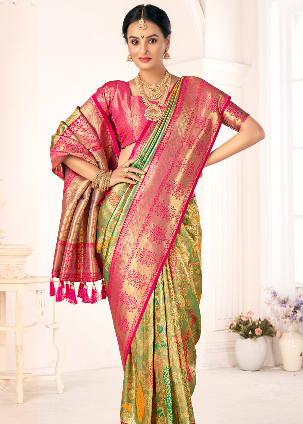 Driftwood Green Woven Paithani Fusion Kanjivaram Silk Saree