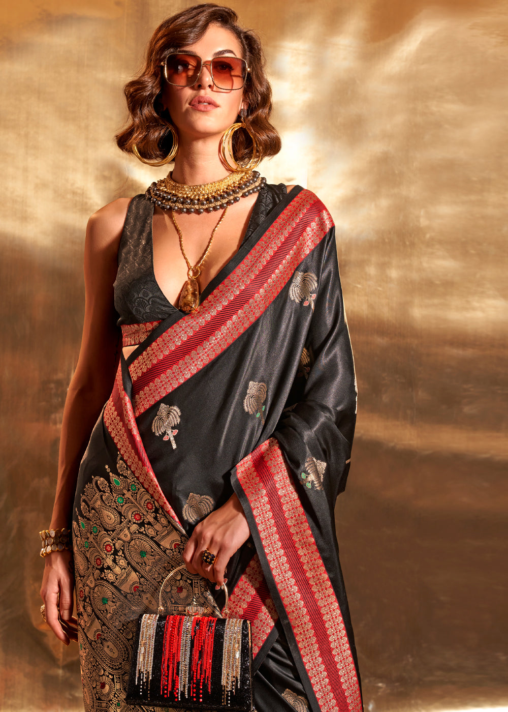 Merlin Black Woven Banarasi Satin Silk Saree