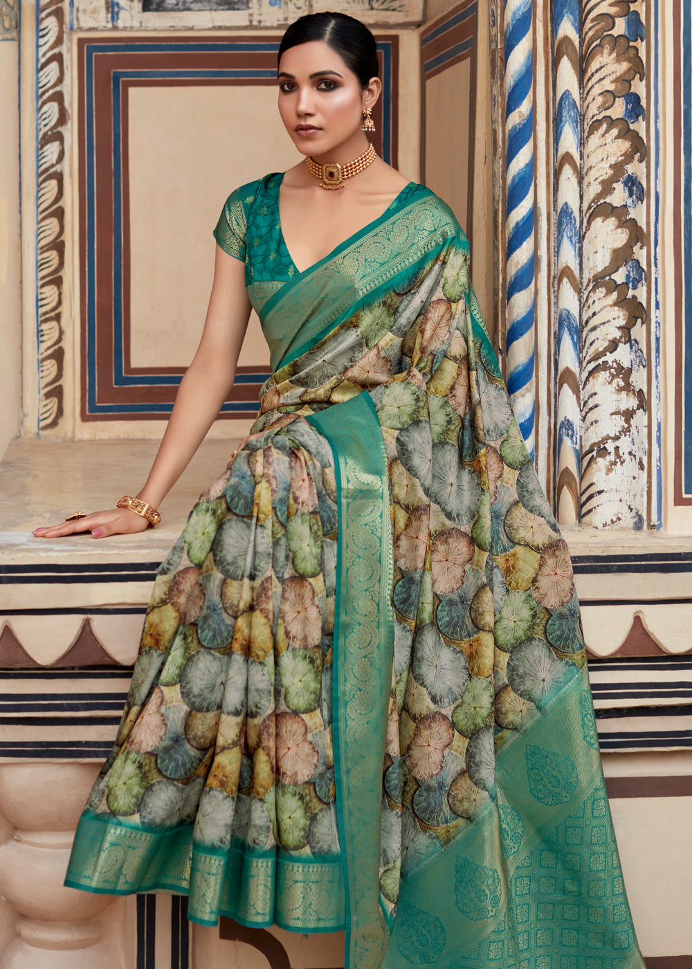 Oracle Green Banarasi Digital Printed Silk Saree