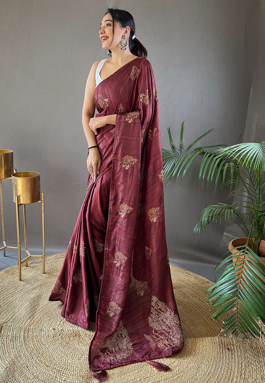 Lotus Brown Embroidered Tussar Silk Saree