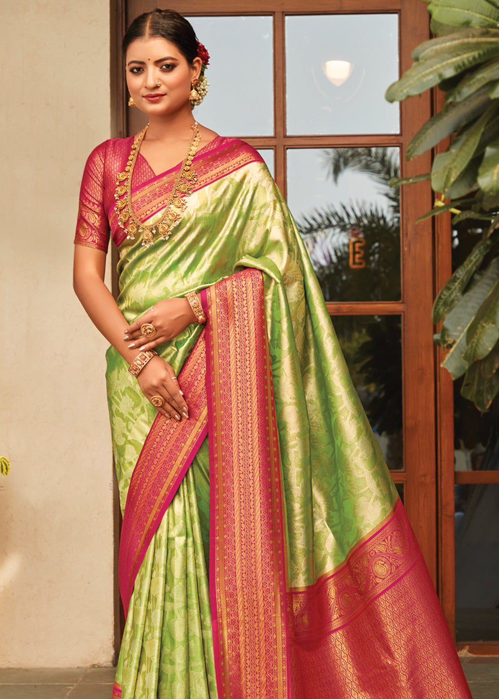 Peridot Green Woven Kanjivaram Saree