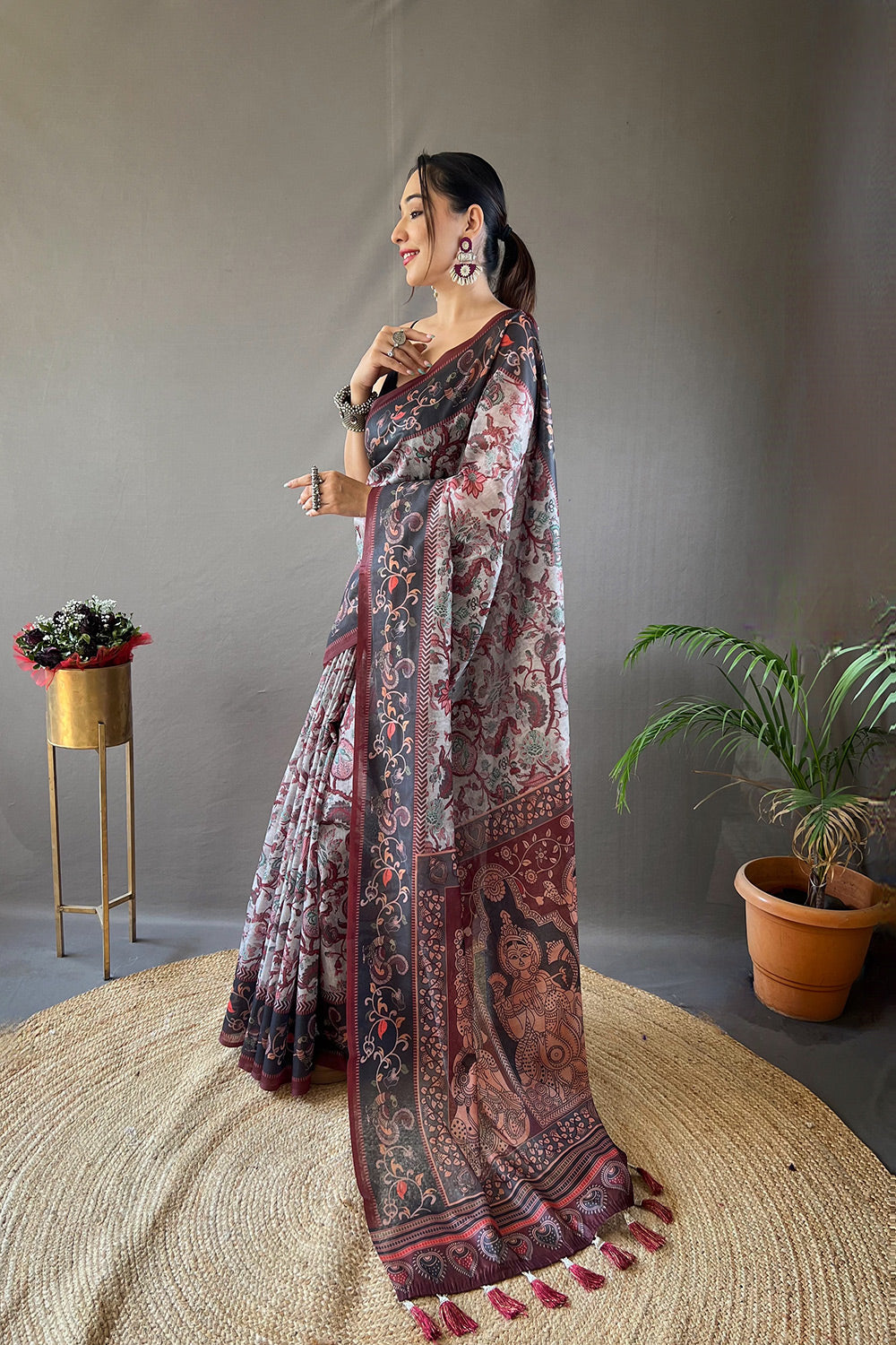 Chatelle Grey Printed Cotton Kalamkari Saree