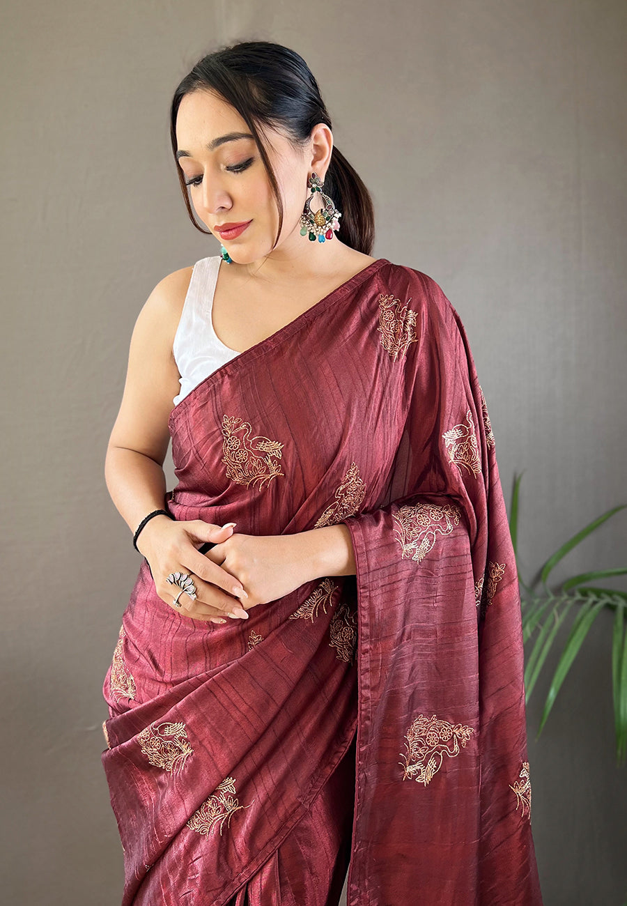 Lotus Brown Embroidered Tussar Silk Saree