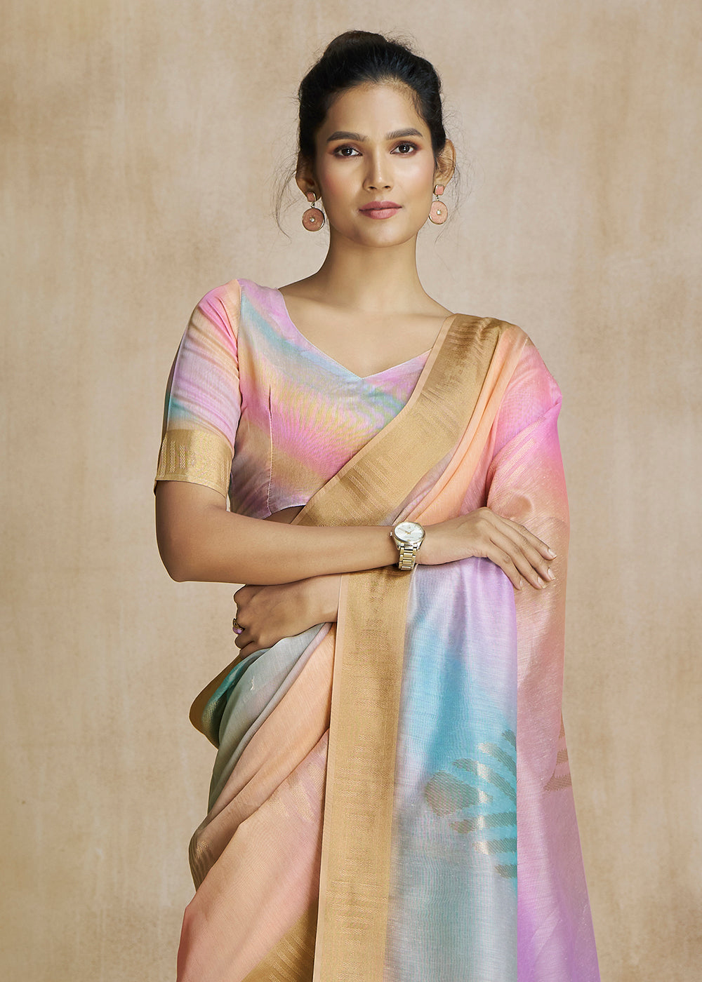 Japonica Orange and Pink Tissue Woven Soft Silk Saree