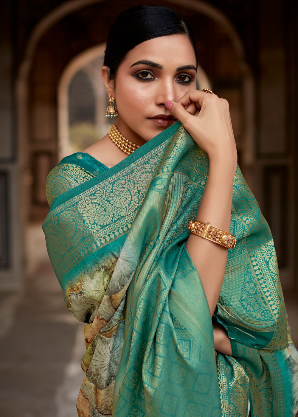 Oracle Green Banarasi Digital Printed Silk Saree