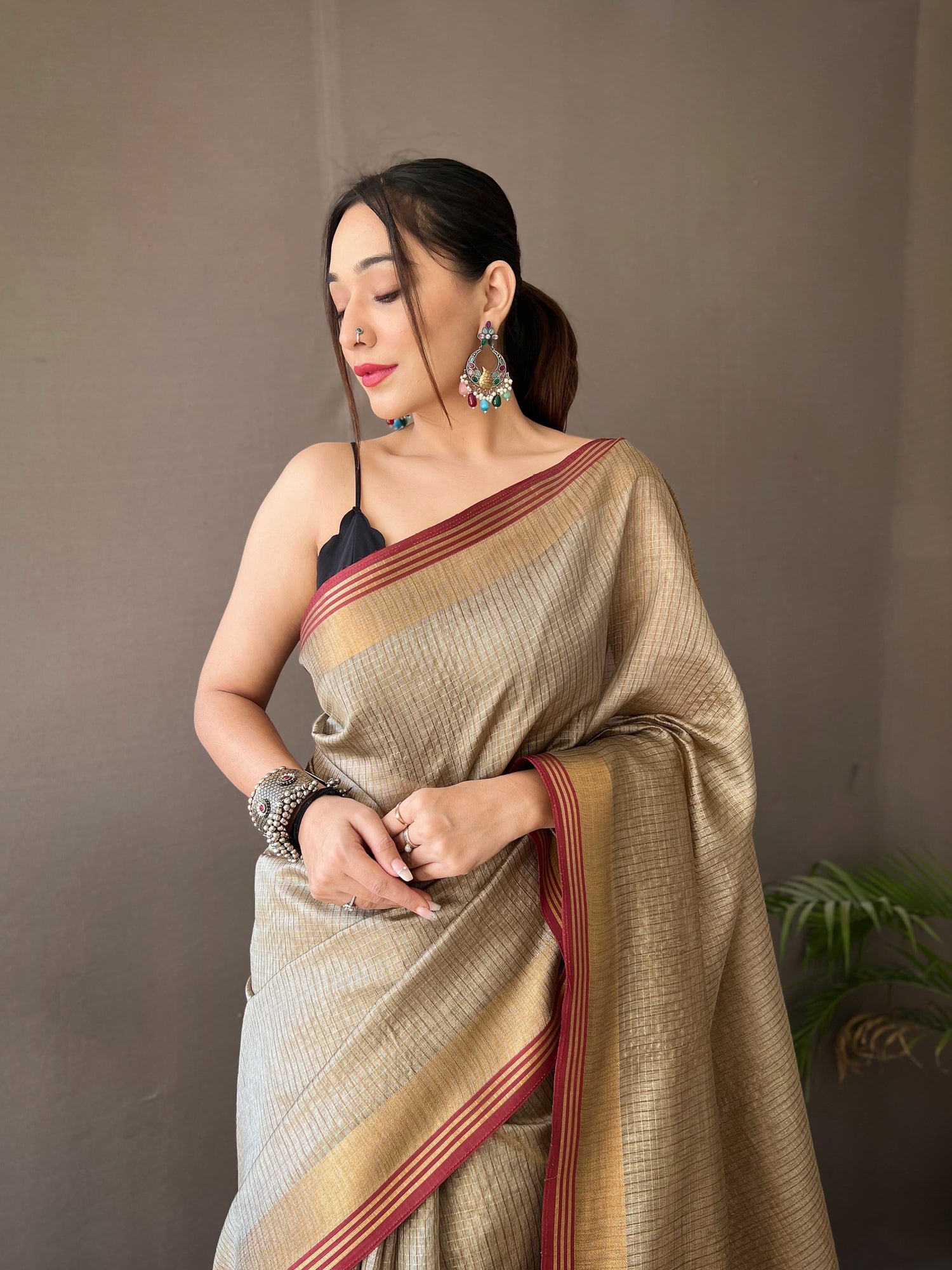 Arrowtown Brown Organza Woven Saree