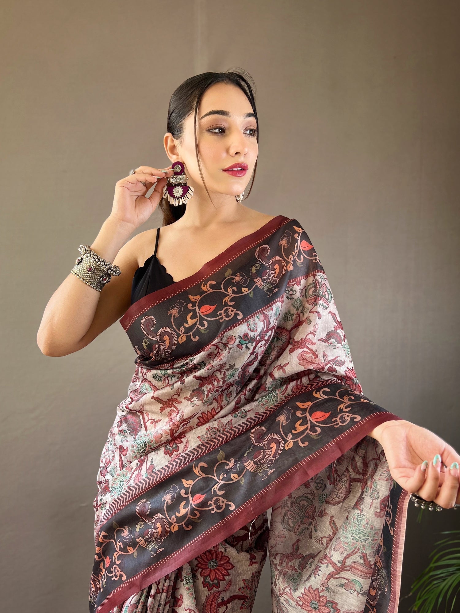 Chatelle Grey Printed Cotton Kalamkari Saree