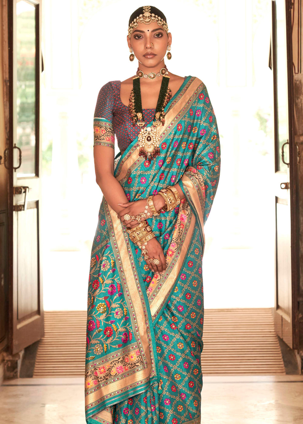 Fountain Blue Printed Soft Silk Saree