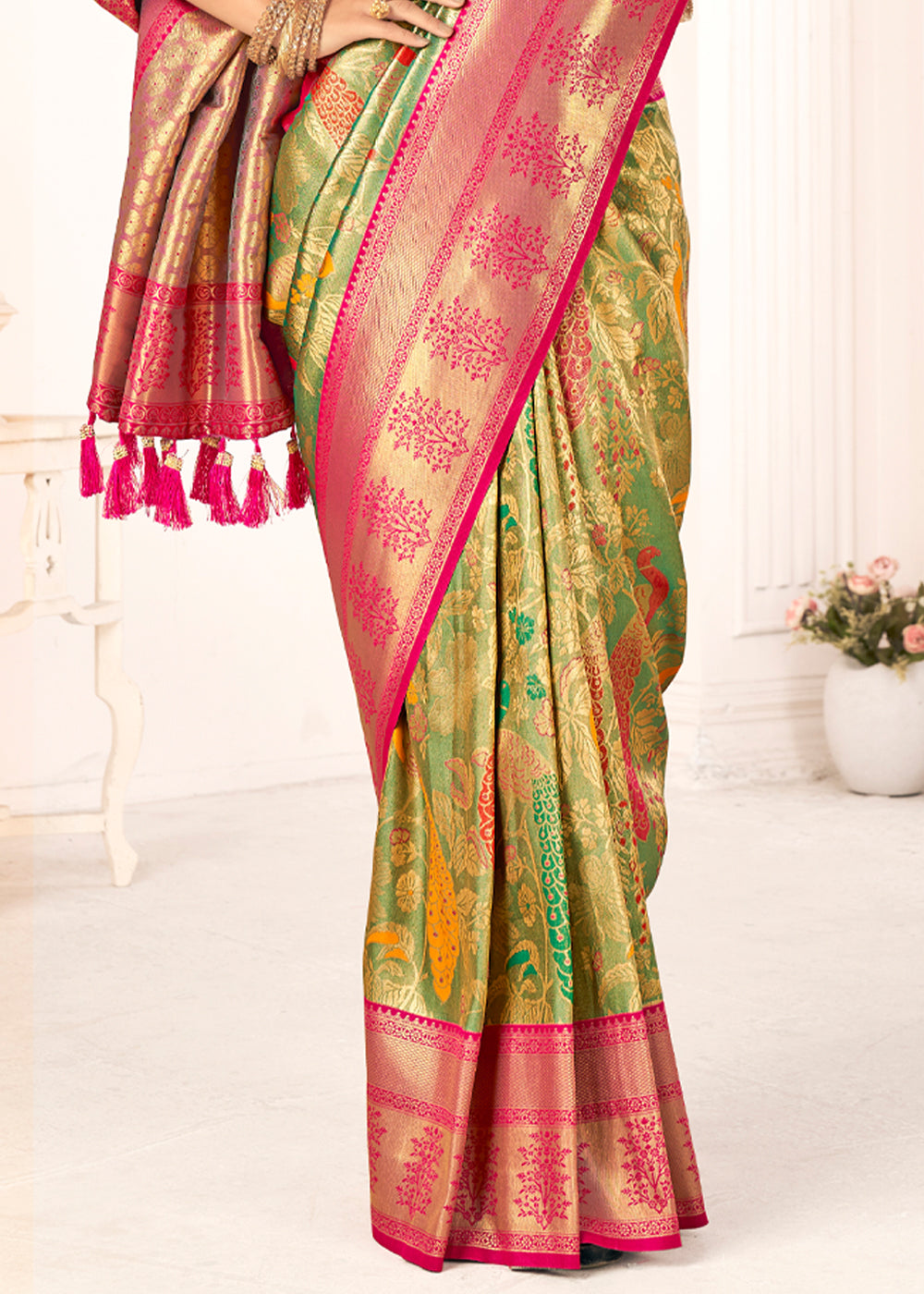 Driftwood Green Woven Paithani Fusion Kanjivaram Silk Saree