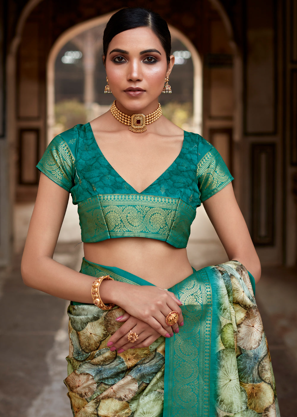 Oracle Green Banarasi Digital Printed Silk Saree