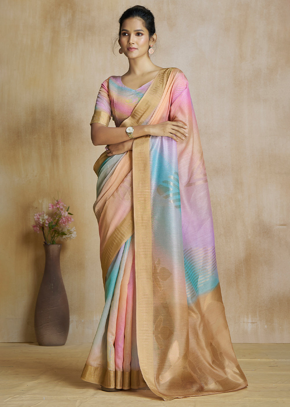 Japonica Orange and Pink Tissue Woven Soft Silk Saree