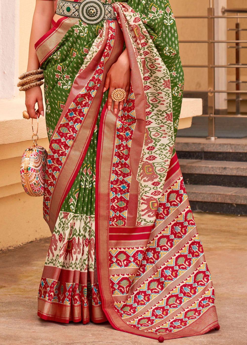 Fern Frond Green and Red Printed Patola Soft Silk Saree