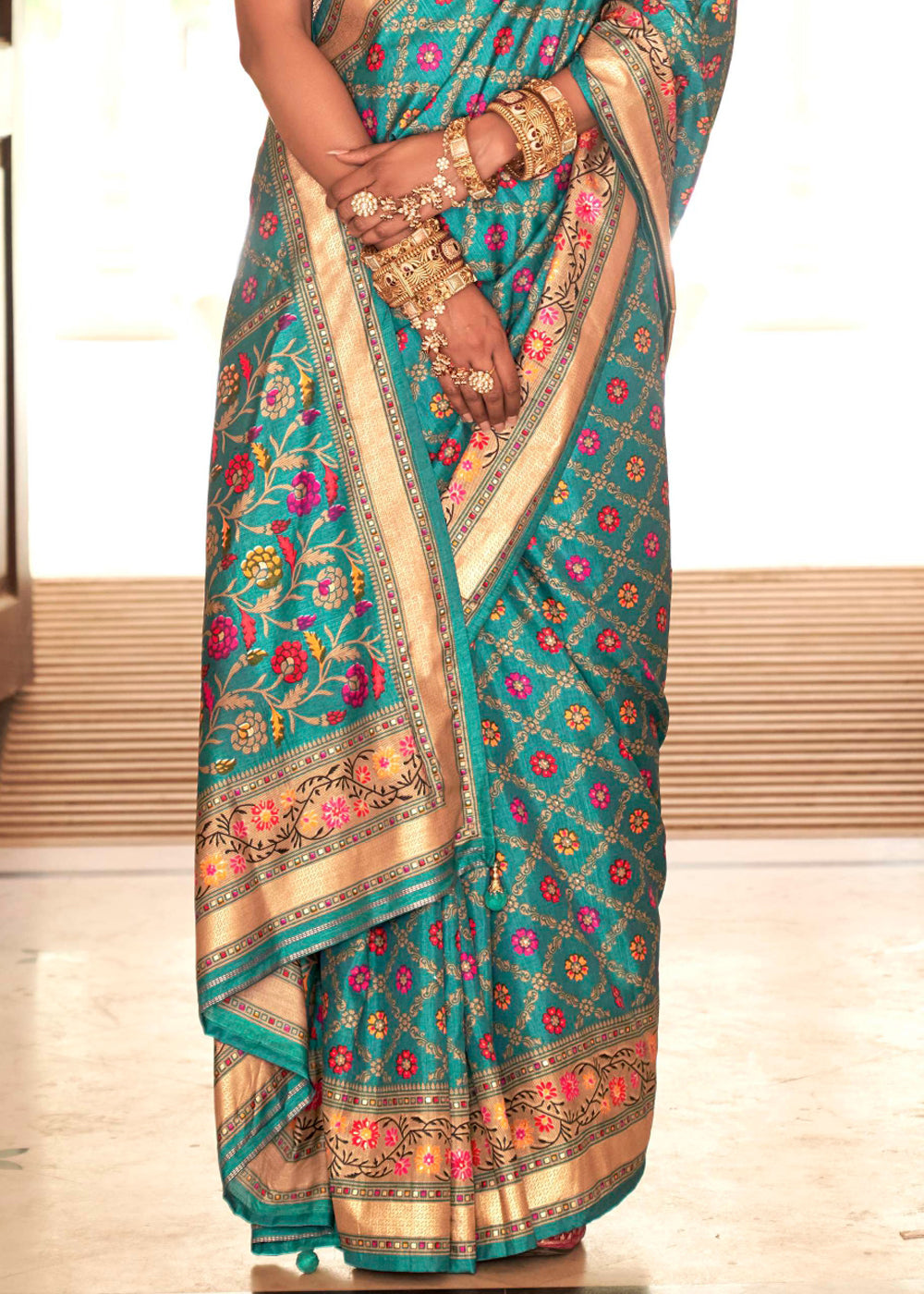 Fountain Blue Printed Soft Silk Saree