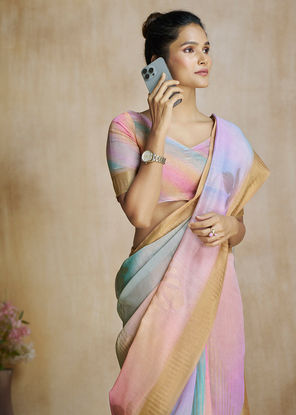 Japonica Orange and Pink Tissue Woven Soft Silk Saree