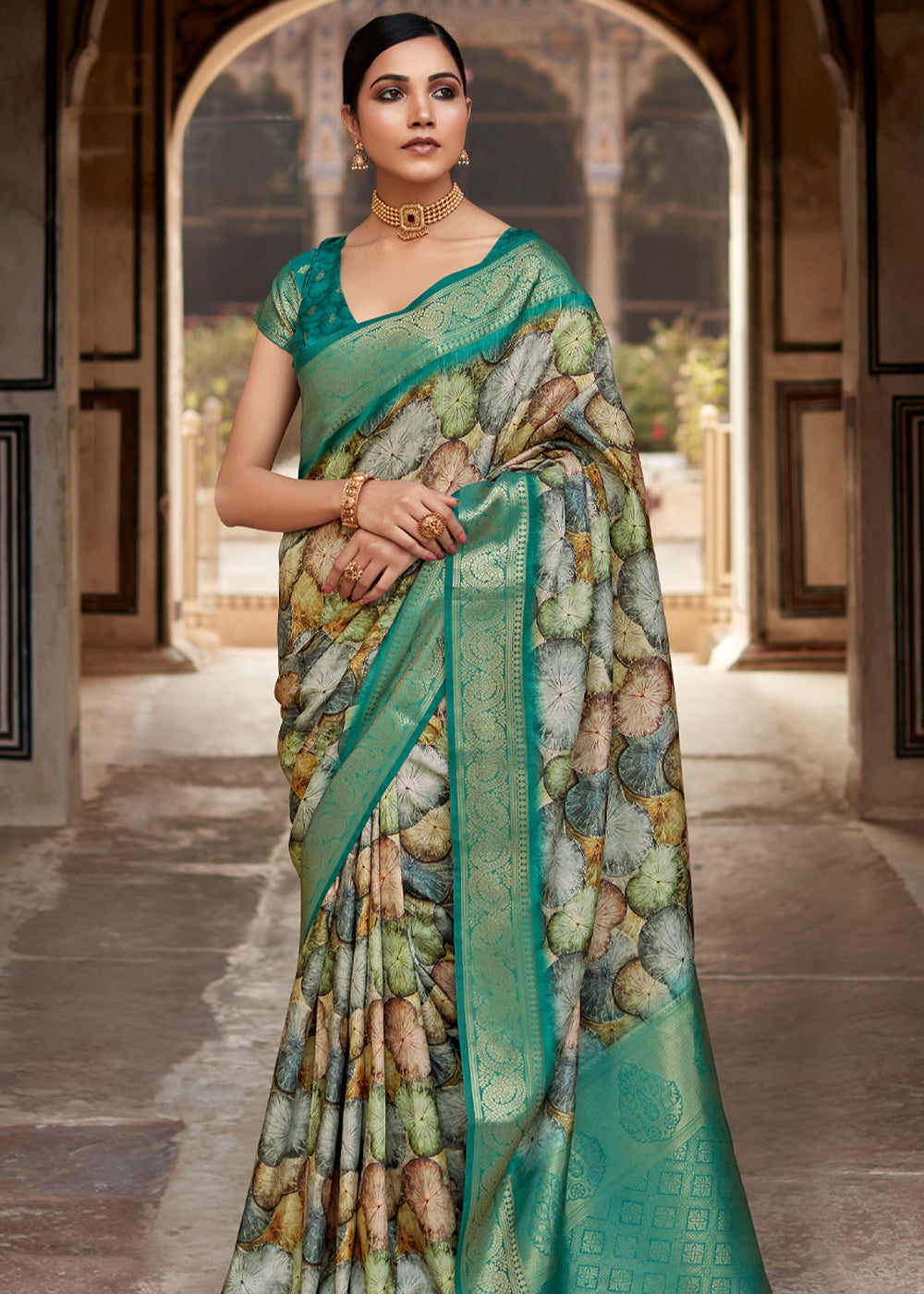 Oracle Green Banarasi Digital Printed Silk Saree