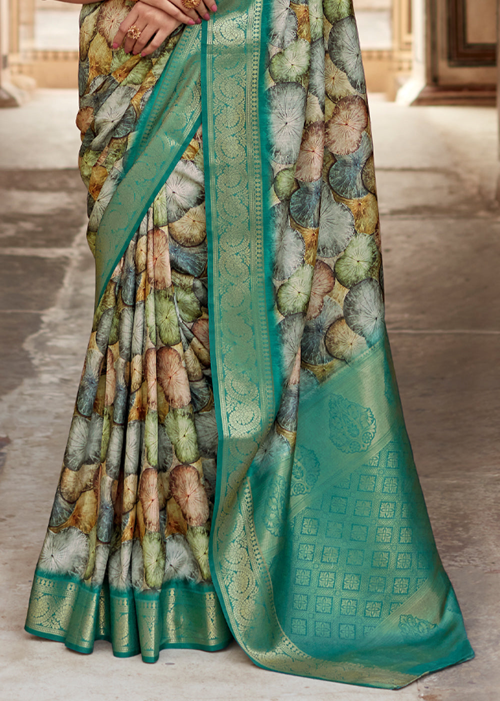 Oracle Green Banarasi Digital Printed Silk Saree