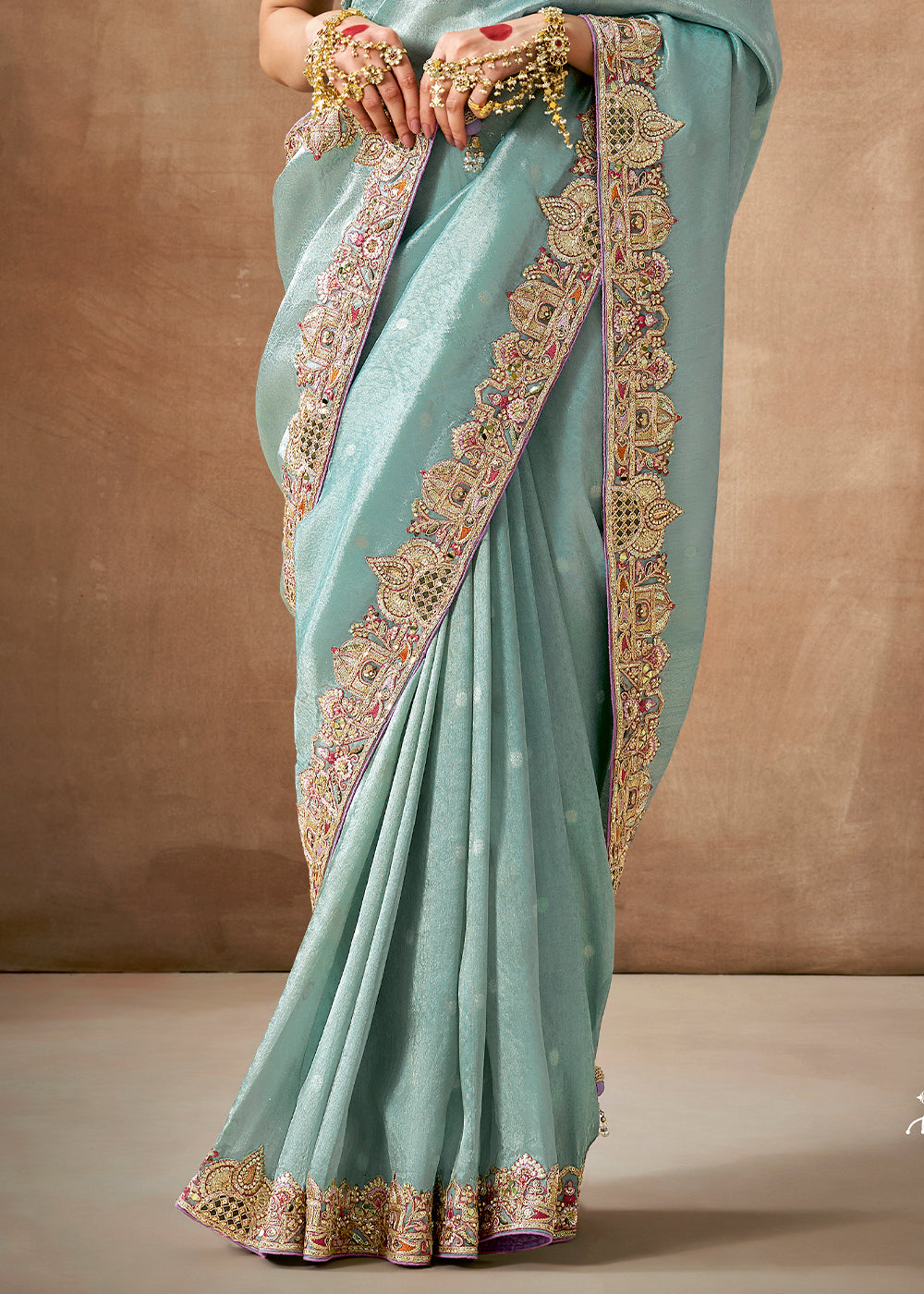 Cerulean Blue  Zari Woven Embroidery Designer Tissue Dola Silk Saree