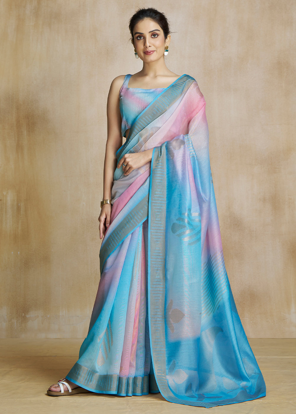 Pacific Blue and Pink Tissue Woven Soft Silk Saree