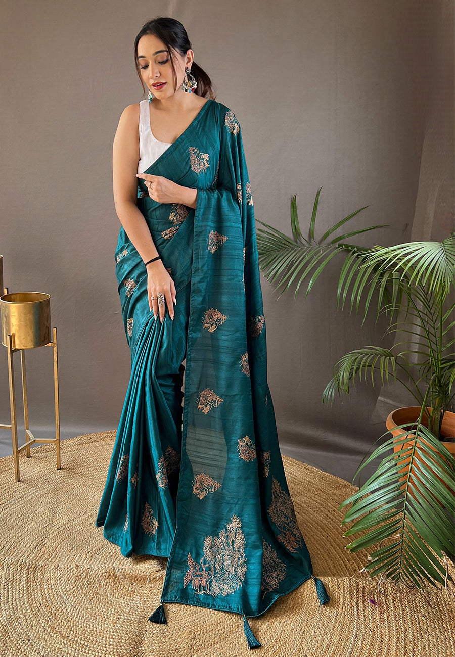 Jelly Bean Blue Embroidered Tussar Silk Saree