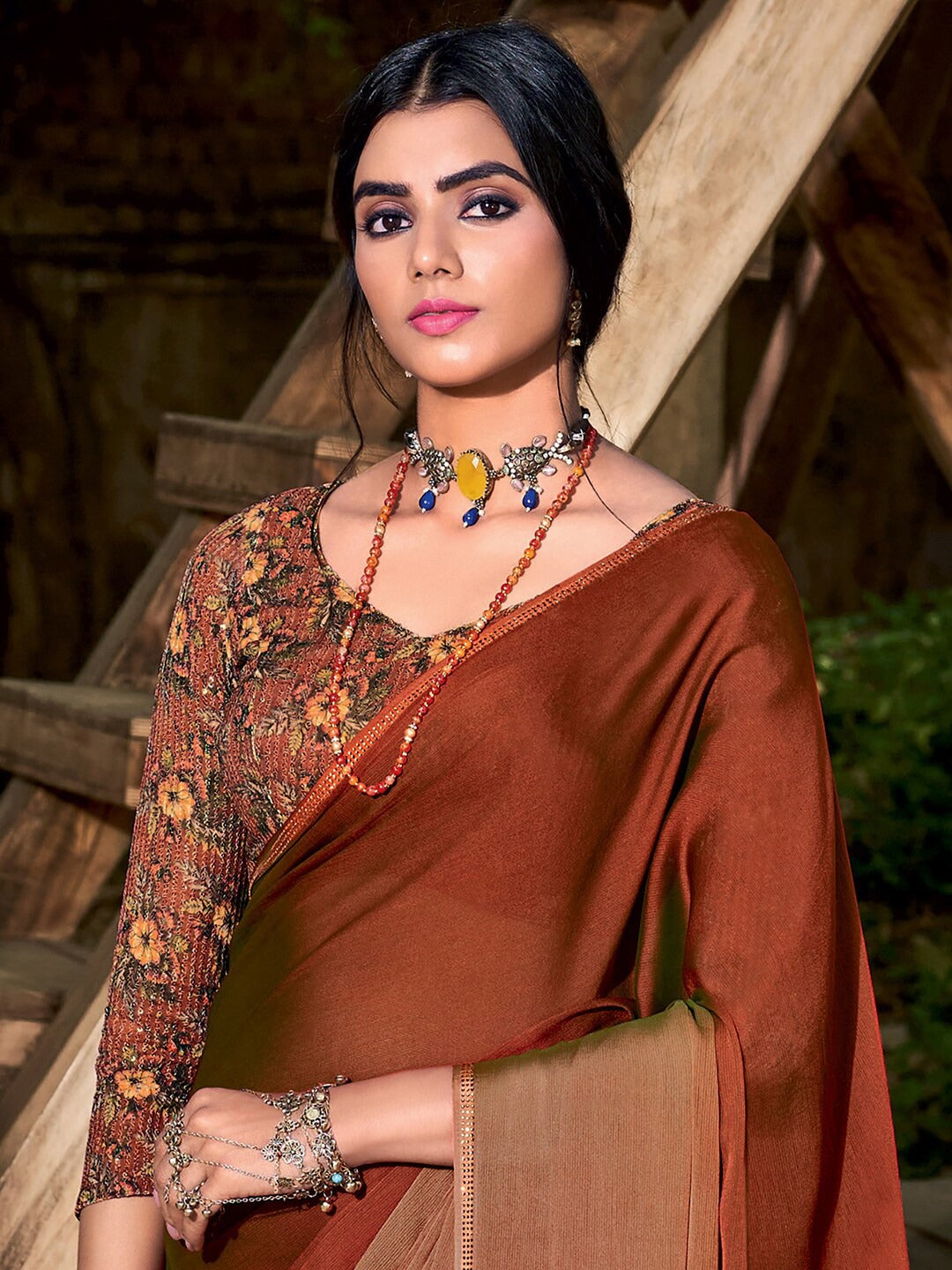 Smokey Topaz Brown Chiffon Saree With Printed Blouse