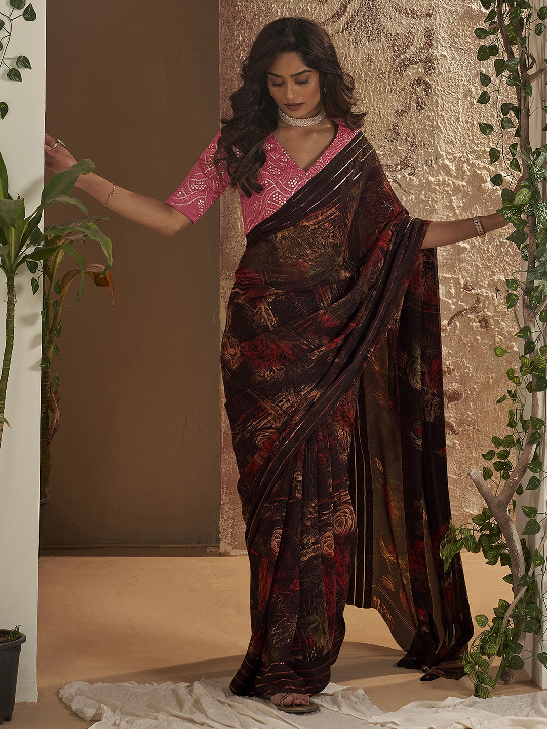 Tamarind Brown Georgette Chiffon Saree With Embroidery Blouse