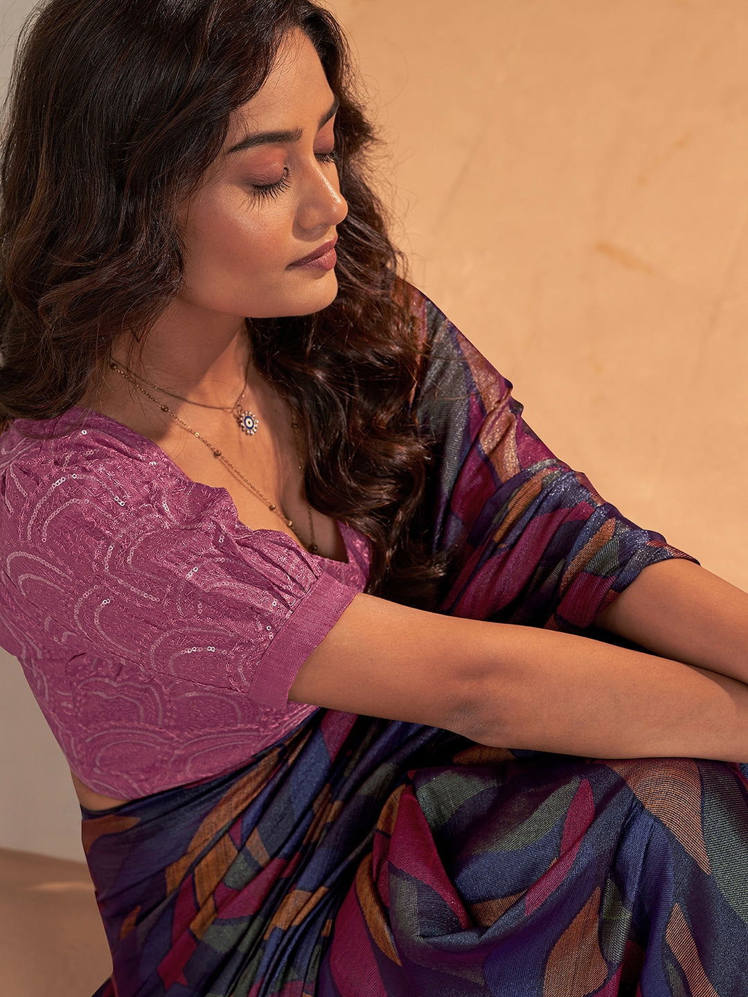 Mulled Wine Blue Printed Chiffon Saree With Embroidery blouse