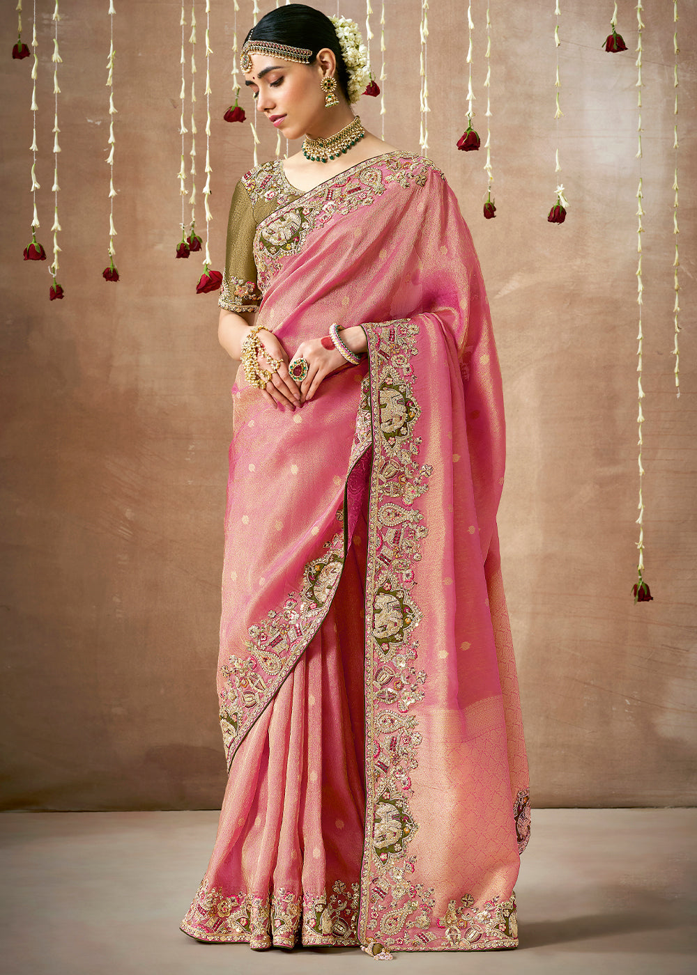 Lotus Pink  Zari Woven Embroidery Designer Tissue Dola Silk Saree