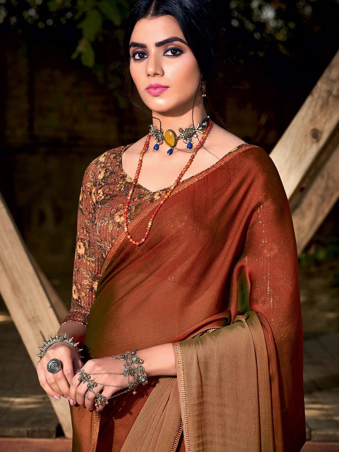 Smokey Topaz Brown Chiffon Saree With Printed Blouse