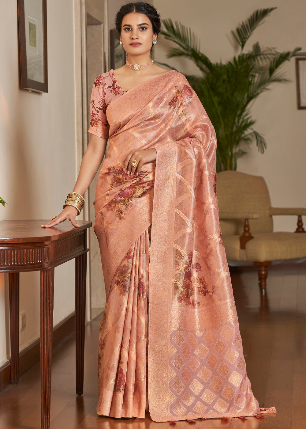 Cashmere Peach Woven Banarasi Tissue Organza Silk Saree