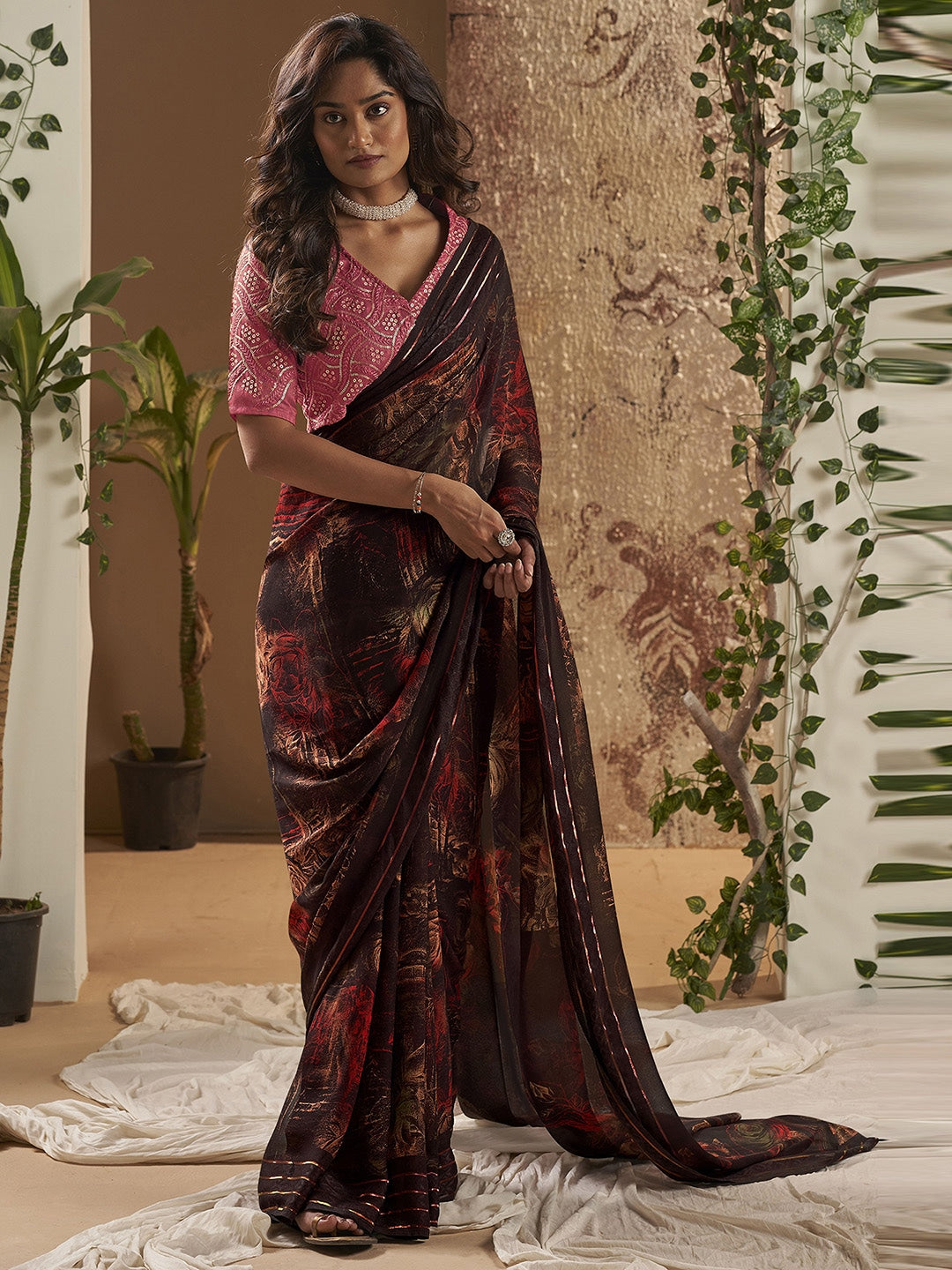 Tamarind Brown Georgette Chiffon Saree With Embroidery Blouse