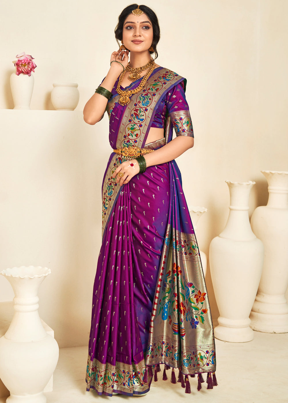 Rose Bud Cherry Purple Woven Paithani Silk Saree