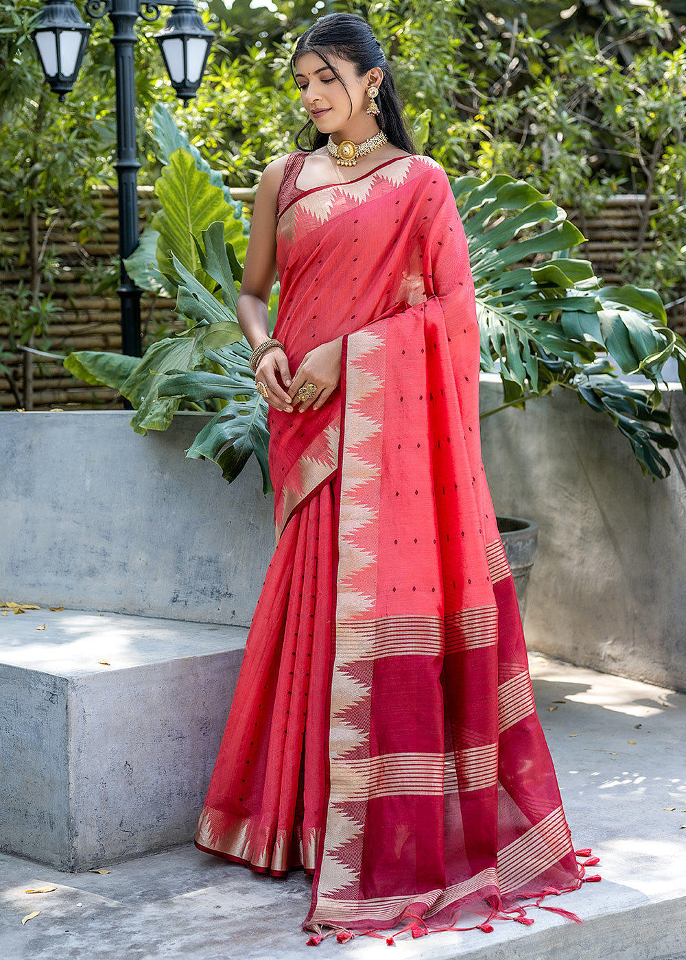 Flush Mahogany Red Zari Woven Banarasi Raw Silk Saree