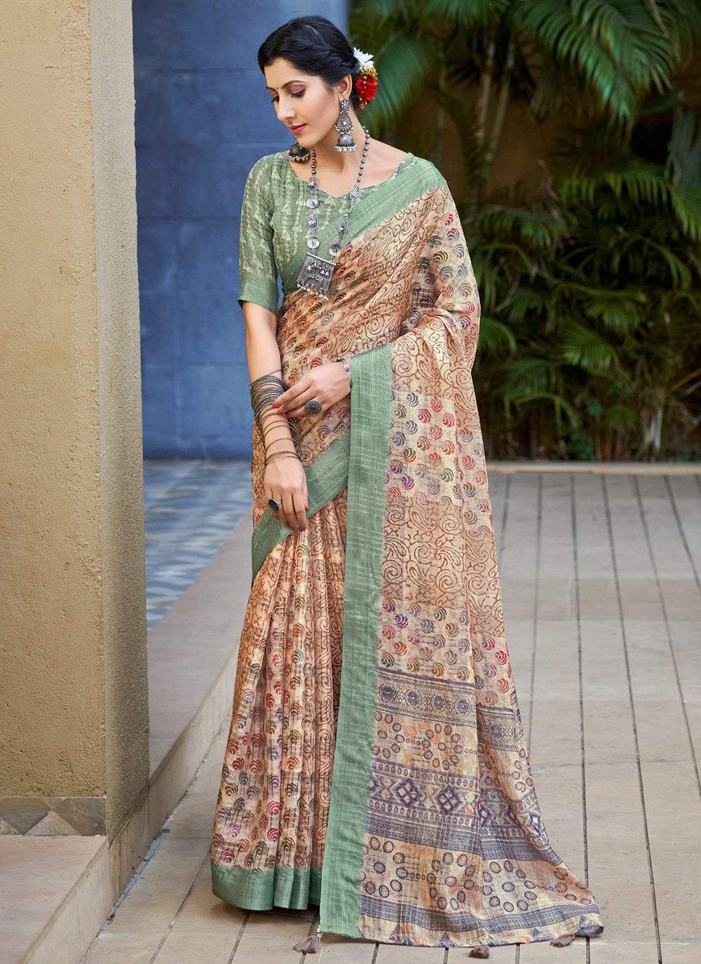 Grain Cream Digital Printed Linen Saree