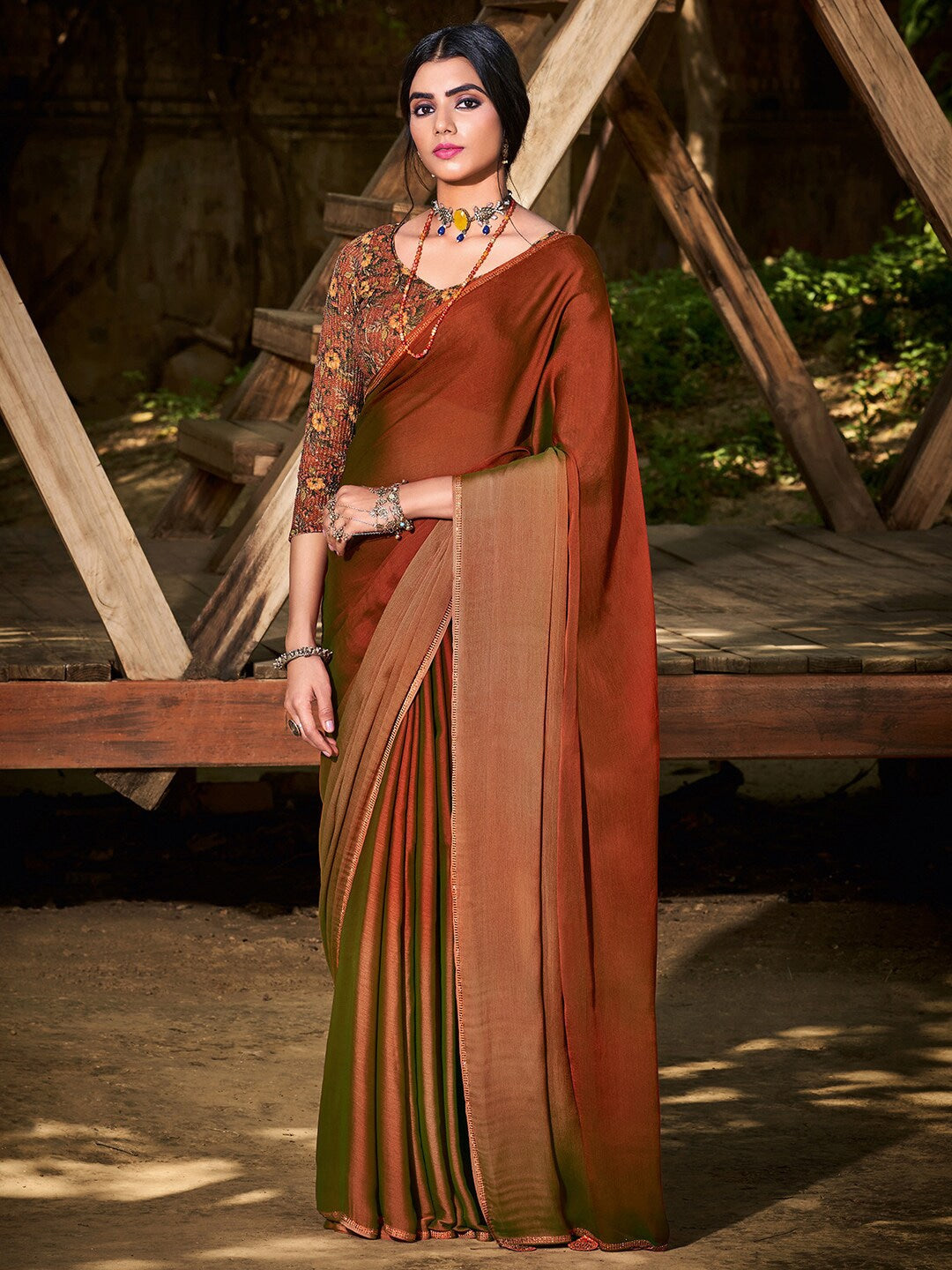 Smokey Topaz Brown Chiffon Saree With Printed Blouse