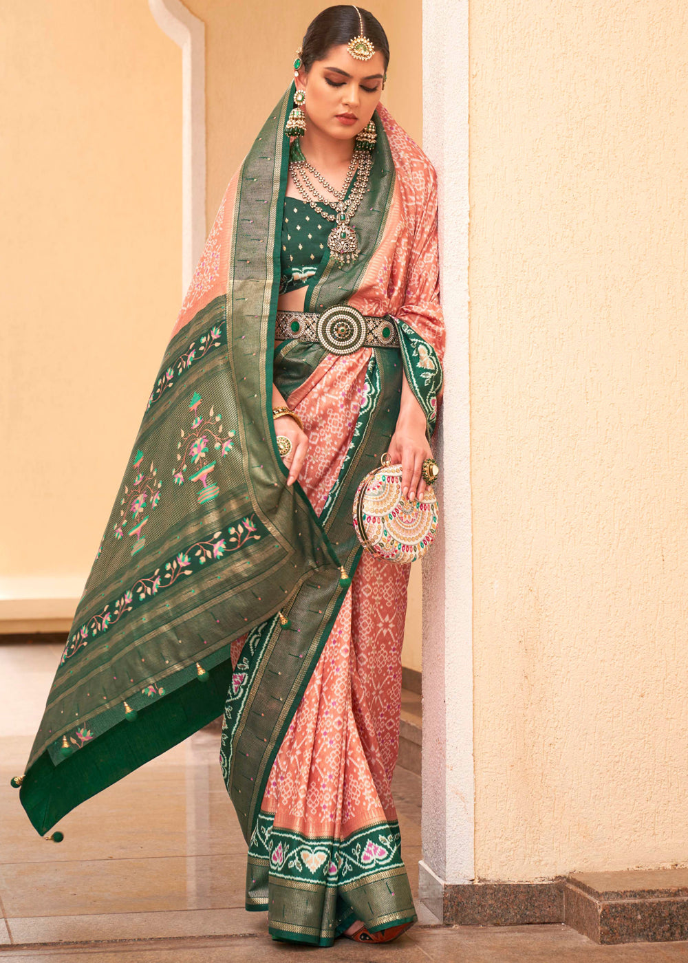 Mona Lisa Peach and Green Printed Patola Soft Silk Saree