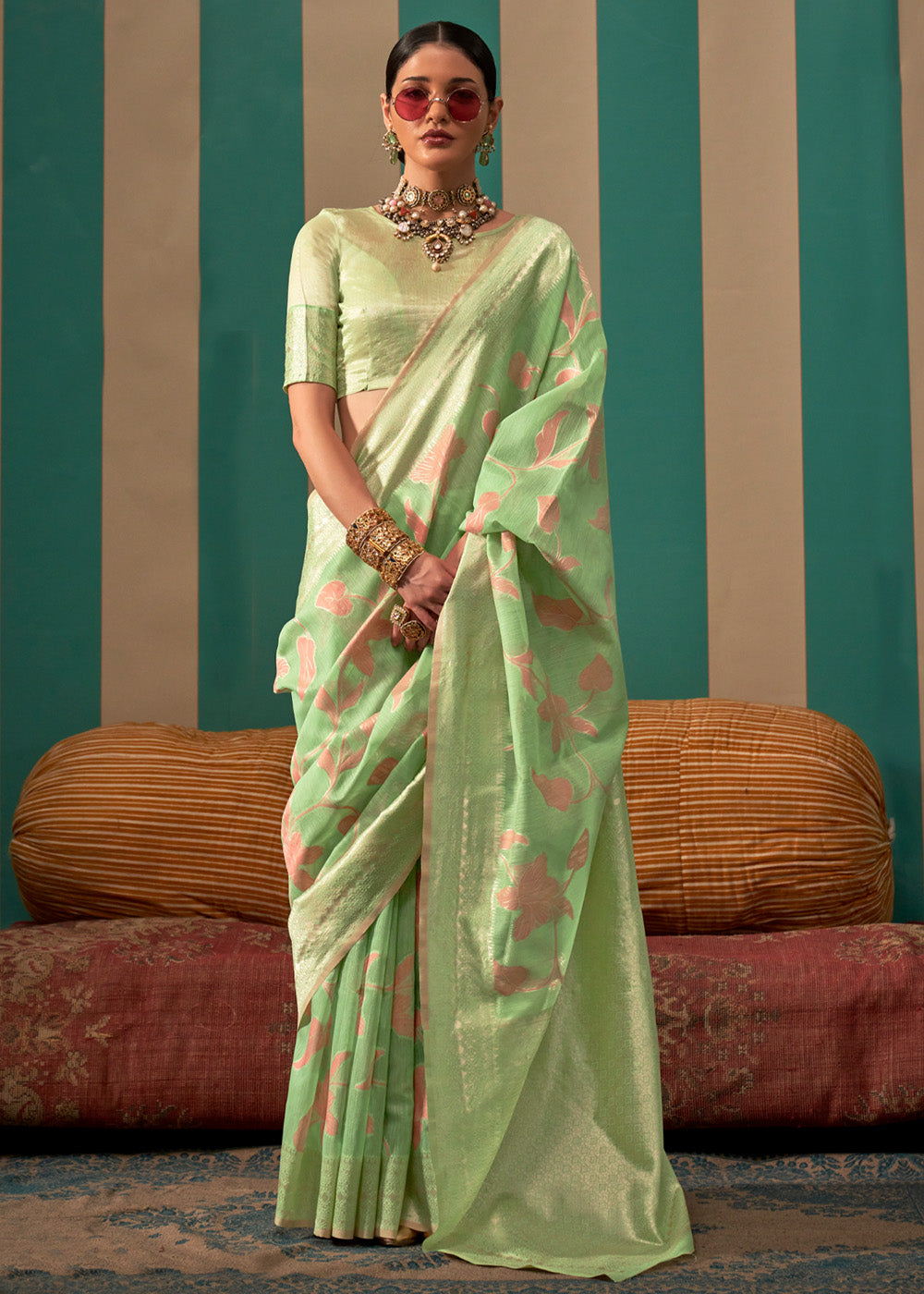 Pista Green Woven Banarasi Linen Saree