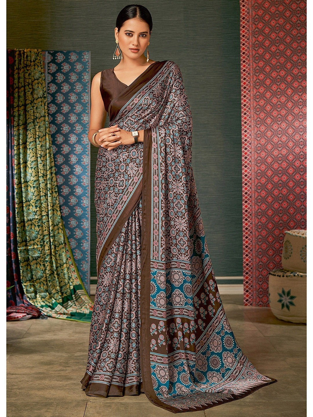 Lime Blue and Brown Digital Printed Ajrakh Satin Crepe Saree