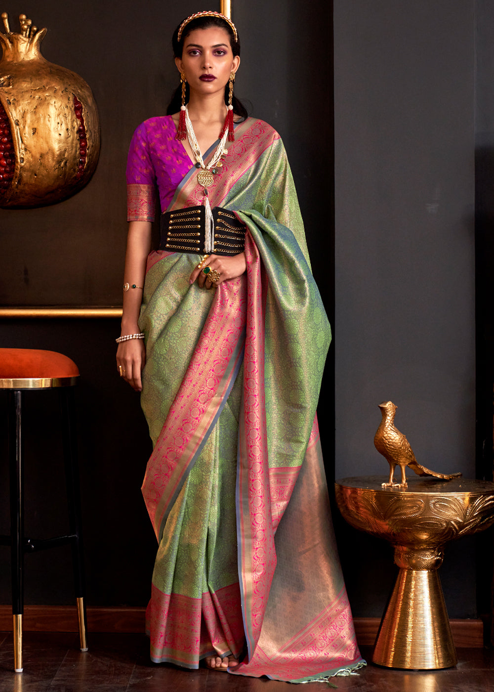 Battleship Green Chaap Handloom kanjivaram silk Saree