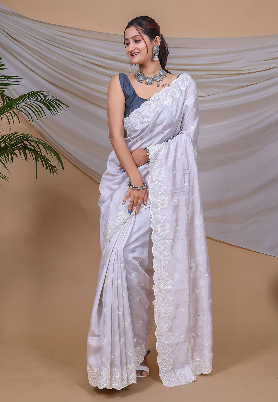 Snuff White Tussar Silk Saree