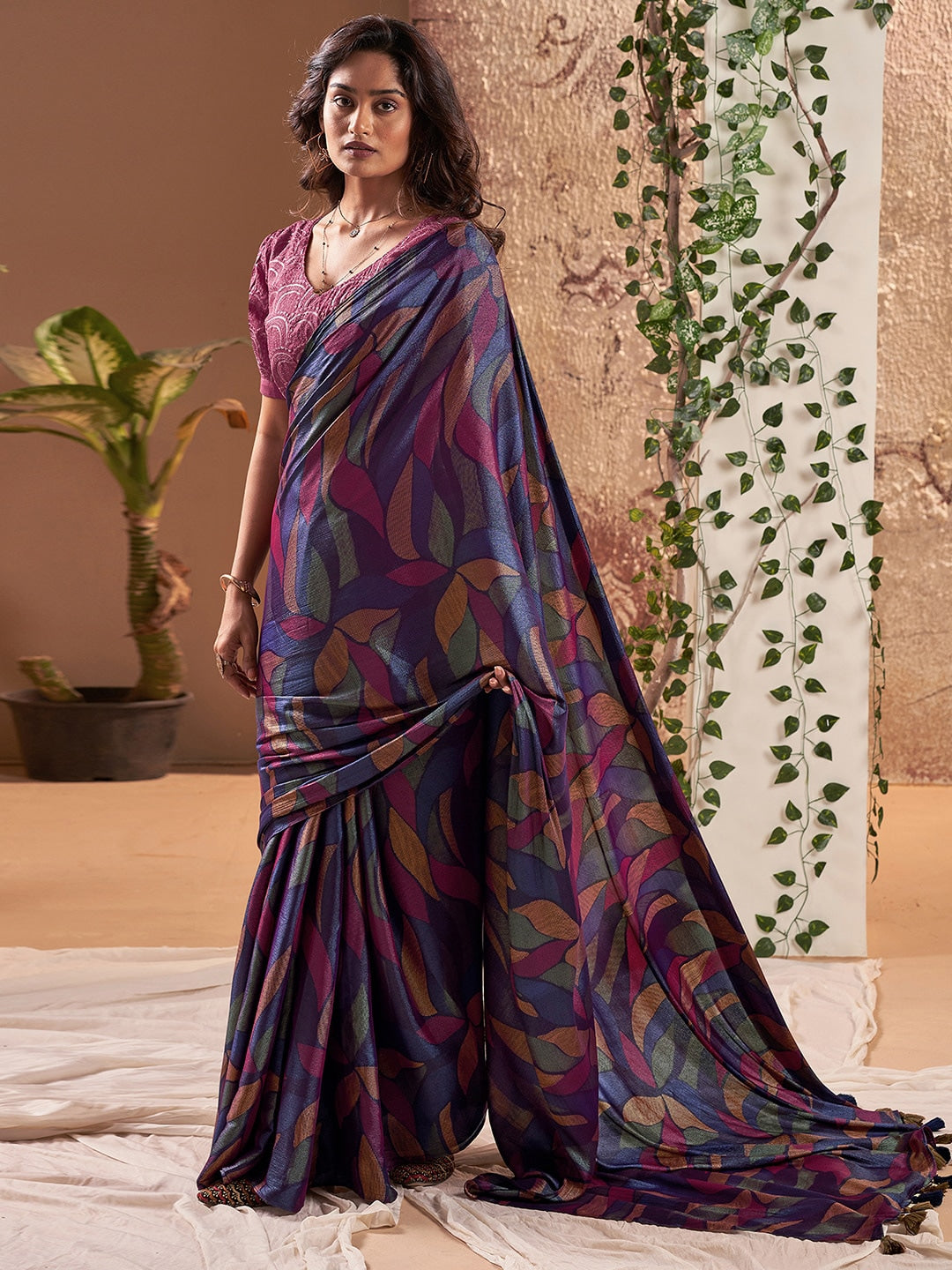 Mulled Wine Blue Printed Chiffon Saree With Embroidery blouse