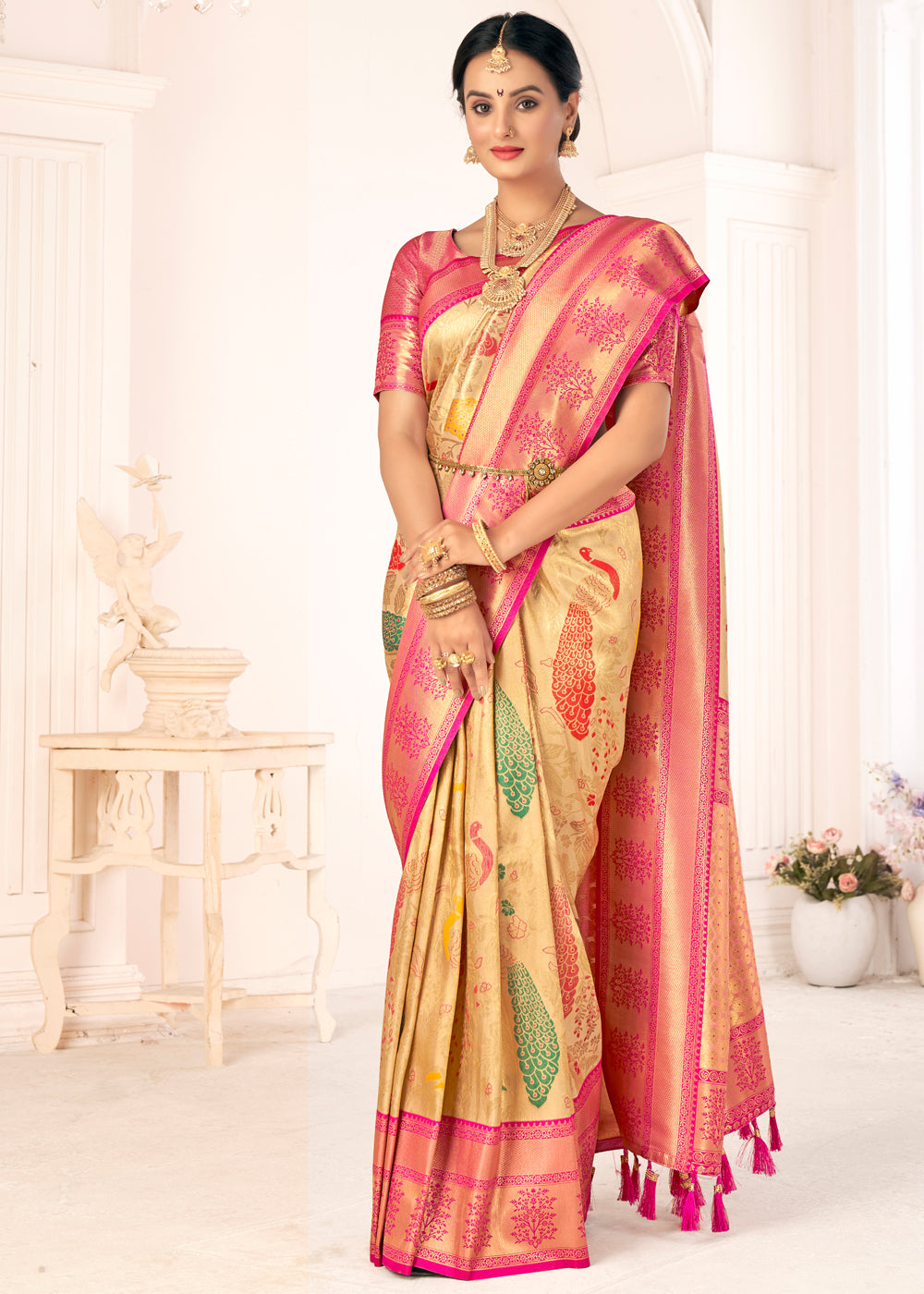 Cream Brulee Woven Paithani Fusion Kanjivaram Silk Saree