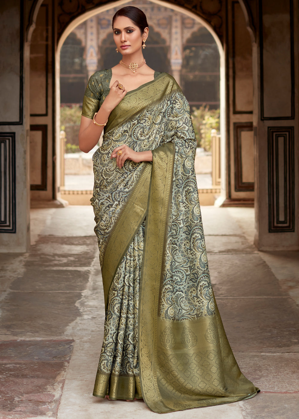 Stack Green Banarasi Digital Printed Silk Saree